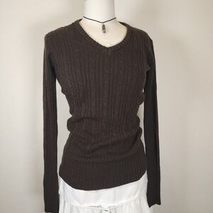 Ashley Aesthetic Perfection Brown V Neck Cable Knit‎ Long Sleeve Sweater
